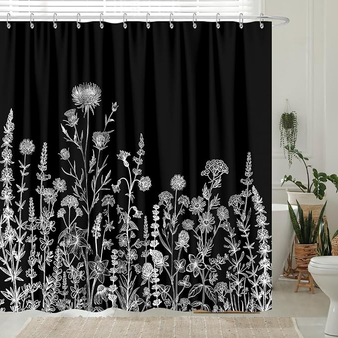 Vintage Black and White Boho Shower Curtain, Black and White Dark Floral Aesthetic Dark Wildflower Botanical Flowers Shower Curtain for Bathroom with Hook,Farmhouse Plant Art Chic Shower Curtain 72X84