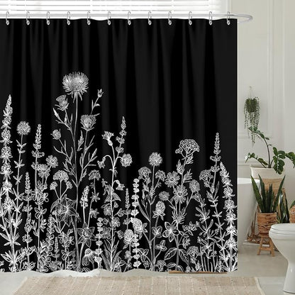 Vintage Black and White Boho Shower Curtain, Black and White Dark Floral Aesthetic Dark Wildflower Botanical Flowers Shower Curtain for Bathroom with Hook,Farmhouse Plant Art Chic Shower Curtain 72X84