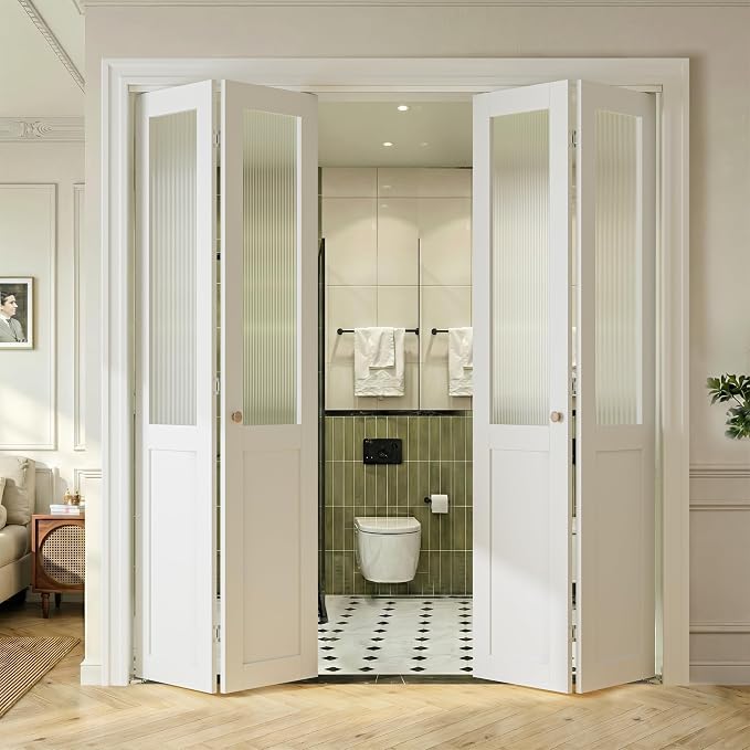 SMARTSTANDARD 48" x 80" Reeded Glass Bifold Closet Doors, Preassembled, MDF | Water-Proof PVC Surface, Half Tempered Glass with Hardware Kit, White Interior Slab for Kitchen, Closet, Pantry, White