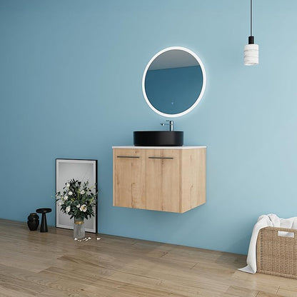 24" Floating Vanity with Sink, 24 Inch Bathroom Vanity with Sink, Modern Plywood Floating Cabinet with Sintered Stone Countertop and Black Ceramic Basin, Soft Close Doors