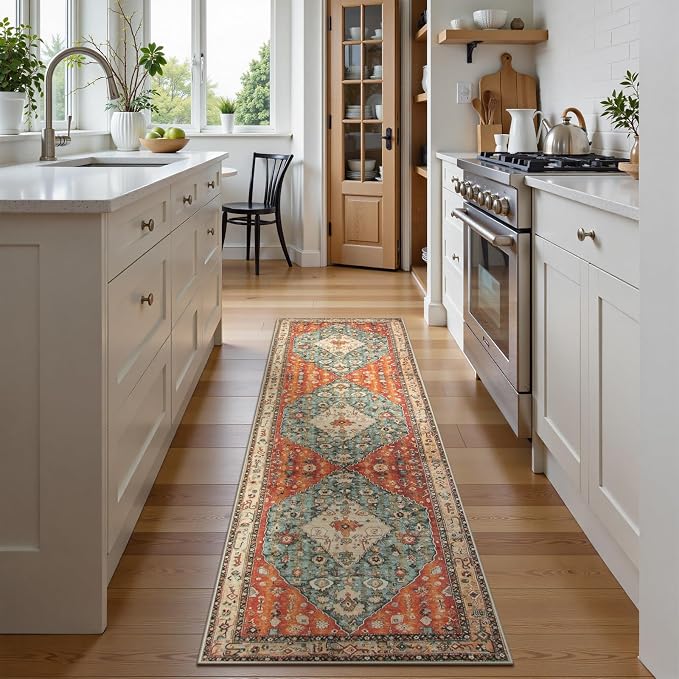 Lahome Felice Boho Tribal 2x8 Washable Kitchen Runner Rug, Soft Rug Runners for Hallways Non Slip, Vintage Oriental Indoor Throw Bathroom Carpet Runner for Entryway Bedroom (Rust/Dull Teal,2x8ft)
