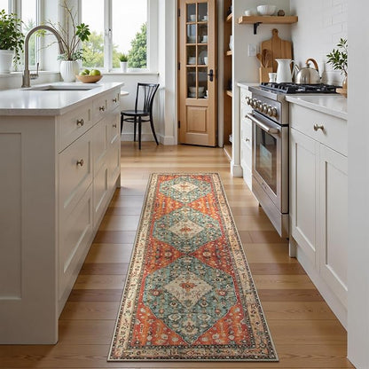 Lahome Felice Boho Tribal 2x8 Washable Kitchen Runner Rug, Soft Rug Runners for Hallways Non Slip, Vintage Oriental Indoor Throw Bathroom Carpet Runner for Entryway Bedroom (Rust/Dull Teal,2x8ft)
