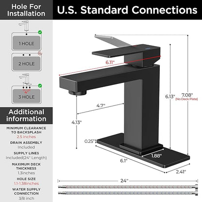 FORIOUS Bathroom Faucets, Single Hole Black Bathroom Faucet with Pop-up Drain, Lead-Free, Single Handle Faucet for Sink, Vanity, RV, Lavatory, Suitable for 1 or 3 Holes