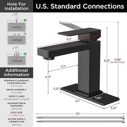 FORIOUS Bathroom Faucet 1 Hole, Single Handle Black Bathroom Sink Faucets | For 1 or 3 Hole 4 Inch Centerset Sink, with Pop-up Drain, NSF61 Certificate, Single Handle Faucet for Sink Vanity RV Restroom