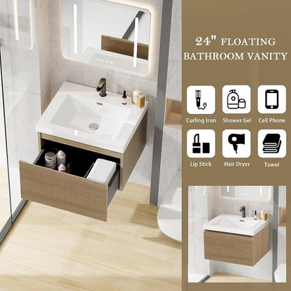 24 Inch Floating Bathroom Vanity with Sink, Modern Oak Wall Mounted Floating Vanity with Glossy Resin Sink, Soft Closing Drawer, Fully Pre Assembled Bathroom Vanity, Natural Oak