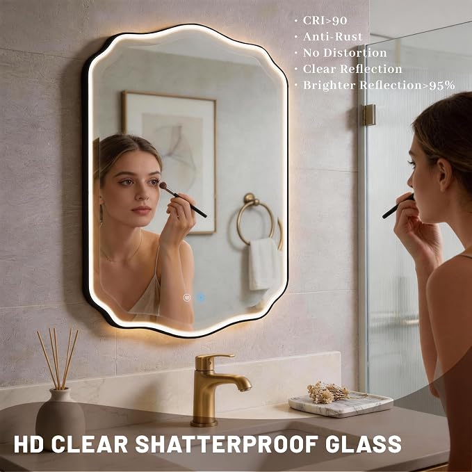 POZINO 40"x24" Scalloped LED Bathroom Mirror with Lights, Black Metal Frame | Beveled Edge, 3 Color Dimmable, Anti-Fog, Memory Function, IP65 Waterproof, Smart Bathroom Vanity Mirror with Front Lights