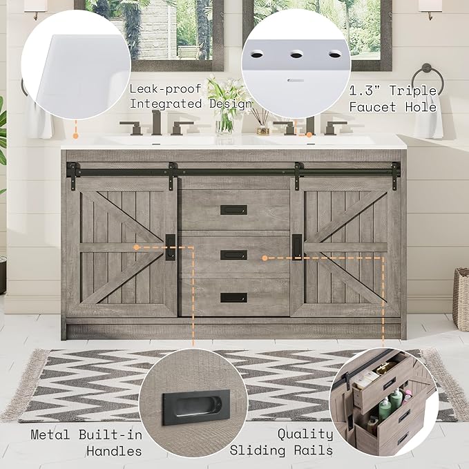 AMERLIFE Double Farmhouse Bathroom Vanity with Sink, 61in Sliding Barn Door Bathroom Storage Cabinet with Sliding Doors & Drawers, Dual Basin, Large Double Bath Vanity Sink Combo, Light Grey