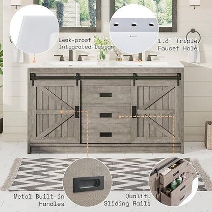 AMERLIFE Double Farmhouse Bathroom Vanity with Sink, 61in Sliding Barn Door Bathroom Storage Cabinet with Sliding Doors & Drawers, Dual Basin, Large Double Bath Vanity Sink Combo, Light Grey