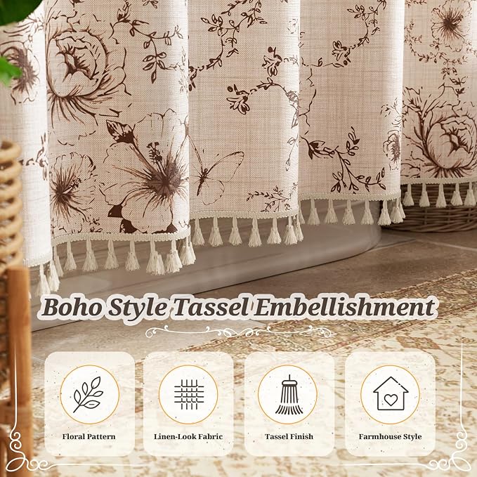 Vintage Floral Shower Curtain with 12 Clear Rings - 72" W x 84" L | Farmhouse Fabric Faux Linen Shower Curtain Set, French Country Cottagecore Style Shower Curtain for Bathroom