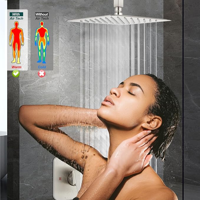 Heyalan 10-Inch Ceiling Mount Shower Faucet Set with Valve, Brushed Nickel | Rainfall shower head, ceiling-mount design, SUS304 steel, adjustable angle, single-handle control