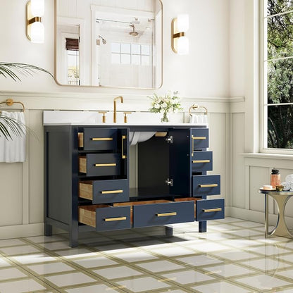 48-Inch Bathroom Vanity with Sink, 2 Soft-Close Doors and 9 Soft-Close Drawers, Bathroom Freestanding Vanity with Cultured Marble Countertop, Navy Blue Vanity W/Gold Handles
