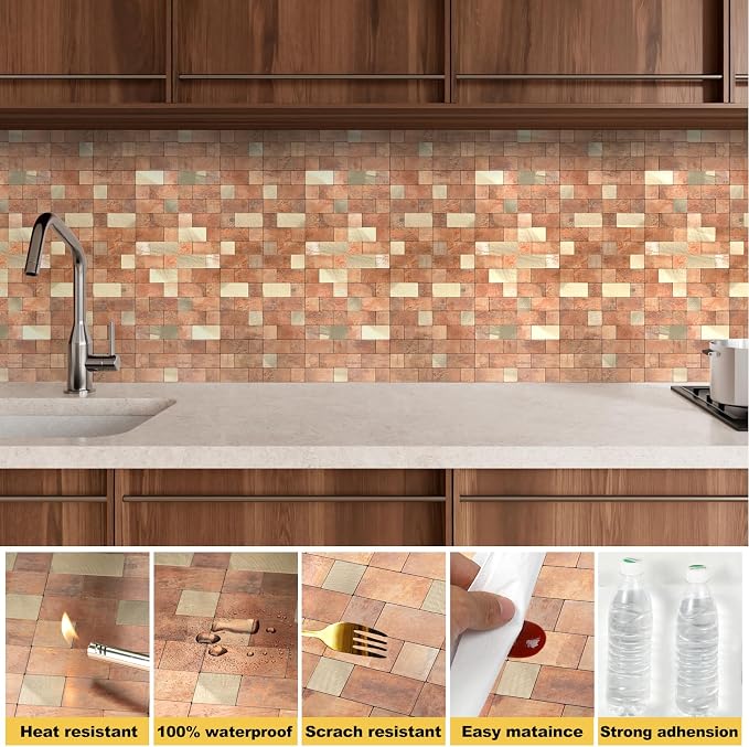 Yipscazo Peel and Stick Backsplash Tile, Stick on Stainless Steel Backsplash Metal Tiles for Kitchen Walls in Copper (12''x12'',10 Sheets)