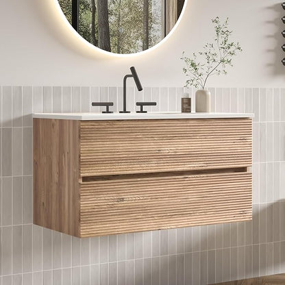 36" Floating Bathroom Vanity with Sink, Modern Wall Mounted Floating Vanity with Ceramic Sink, Double Soft-Close Drawers for Apartment, Hotel, Rough Oak