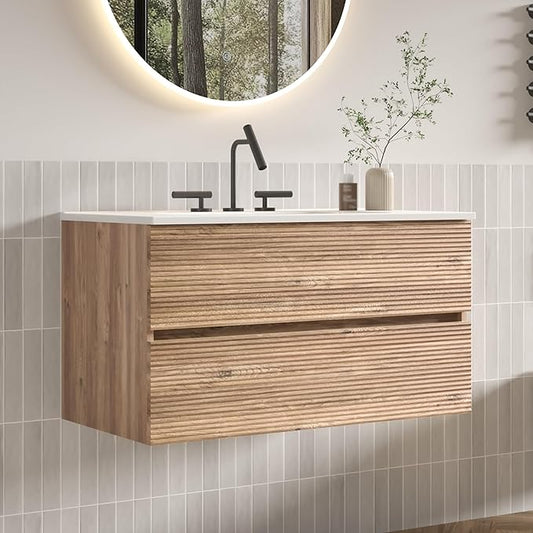36" Floating Bathroom Vanity with Sink, Modern Wall Mounted Floating Vanity with Ceramic Sink, Double Soft-Close Drawers for Apartment, Hotel, Rough Oak