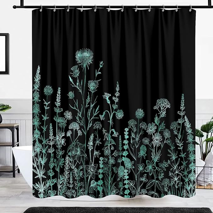 Vintage Black and Teal Boho Shower Curtain, Black Turquoise Floral Aesthetic Dark Wildflower Botanical Flowers Shower Curtain for Bathroom with Hook, Farmhouse Plant Art Chic Shower Curtain 72X72
