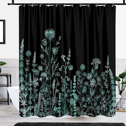 Vintage Black and Teal Boho Shower Curtain, Black Turquoise Floral Aesthetic Dark Wildflower Botanical Flowers Shower Curtain for Bathroom with Hook, Farmhouse Plant Art Chic Shower Curtain 72X72