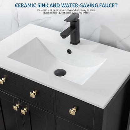 LUCKWIND 30" Bathroom Vanity with Sink, Modern Bathroom Storage Cabinet with Undercounter Sink and Wood Grain Veneer Surface, Include Faucet, No Mirror, Black