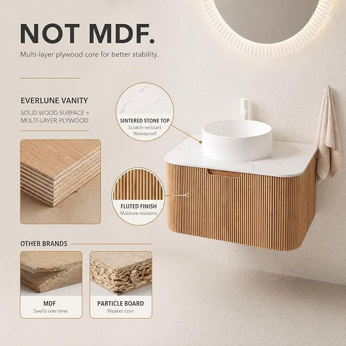30 Inch Bathroom Vanity with Sink, Floating Wall Mounted Single Sink Vanity, Natural Woodgrain Curved Fluted Front, Stone Top, Pure White Round Vessel Basin, Pre-Assembled