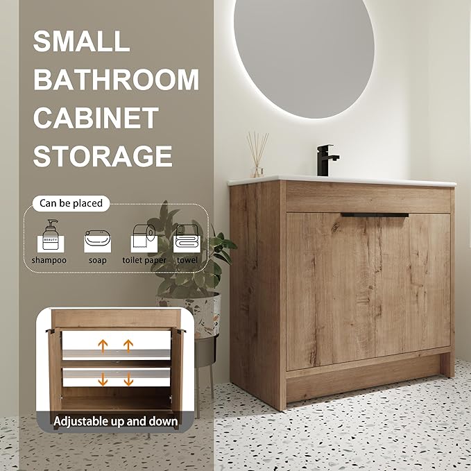SSLine 36-Inch Bathroom Vanity with Sink Mid-Century Bathroom Vanities with Top Basin Floor Wood Bathroom Sink Cabinet with Soft-Close Doors & Adjustable Storage Shelves (Natural Brown)