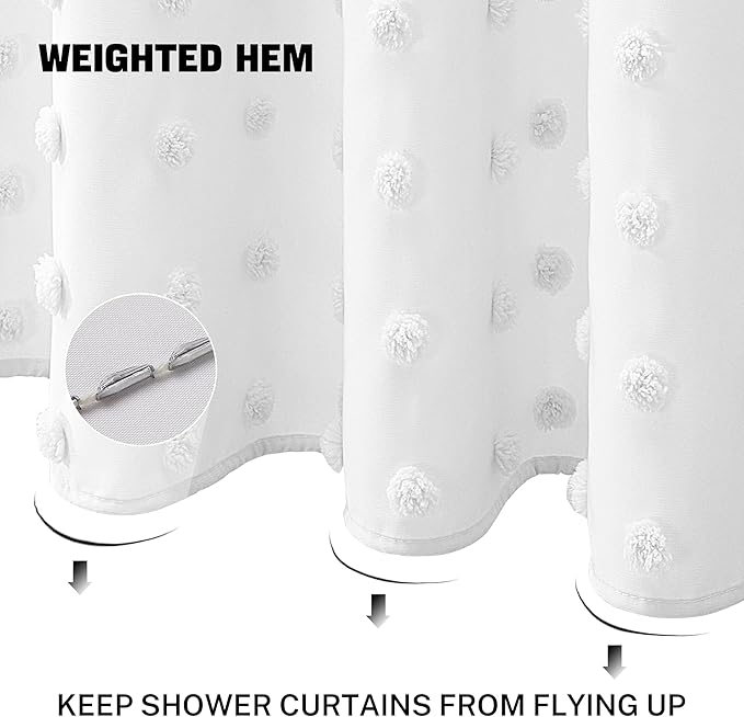 Boho Farmhouse White Shower Curtain Woven Fabric Shower Curtain, 72 x 72 Tufted Pleat Floral Puffs Textured Modern Farmhouse Minimalist Shower Curtain Set with Hooks for Bathroom