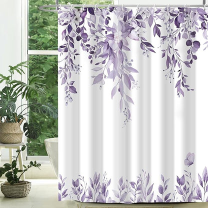Light Purple Floral Eucalyptus Shower Curtain with Hooks, 72x84 Inch
