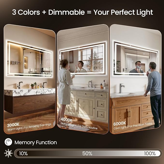 60x30 LED Bathroom Mirror with Anti-Fog, Backlit & Front Lit, Memory | Stepless Dimmable 3 Color CRI 95+ Shatterproof Tempered Glass ETL Listed for Safety Lighted Bathroom Vanity Mirror for Wall