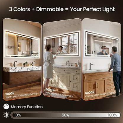 60x30 LED Bathroom Mirror with Anti-Fog, Backlit & Front Lit, Memory | Stepless Dimmable 3 Color CRI 95+ Shatterproof Tempered Glass ETL Listed for Safety Lighted Bathroom Vanity Mirror for Wall