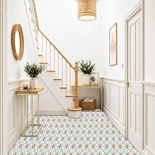 Muted Floral Geometric Peel and Stick Floor Tiles 12x12 Inch 10PCS | Muted teal rust and cream floral geometric pattern vinyl floor stickers for kitchen bathroom entryway and indoor home decor