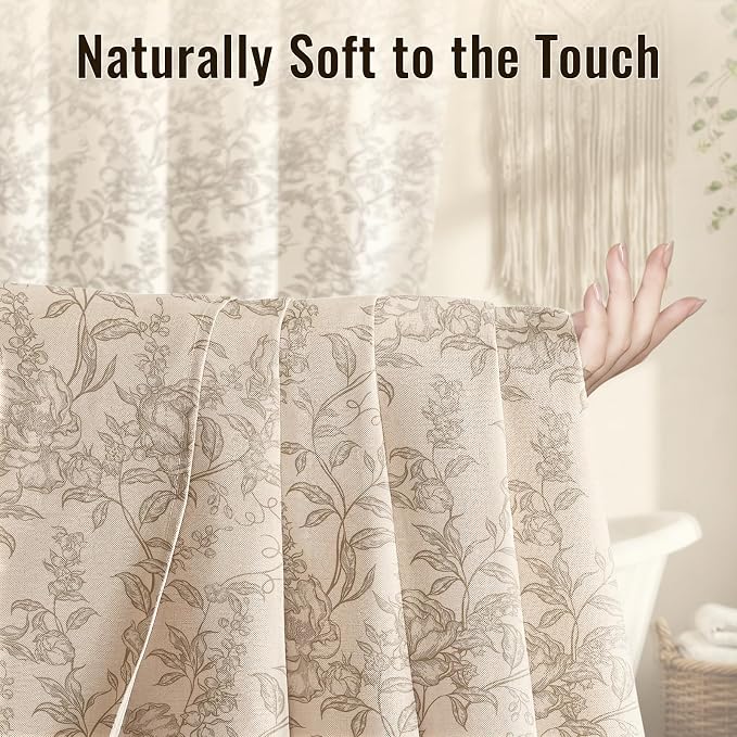 Farmhouse Beige Floral Shower Curtain with 12 Clear Rings 72"W x 72"L | Boho Fabric Faux Linen Shower Curtain Set, Vintage Cottagecore Shower Curtain for Bathroom