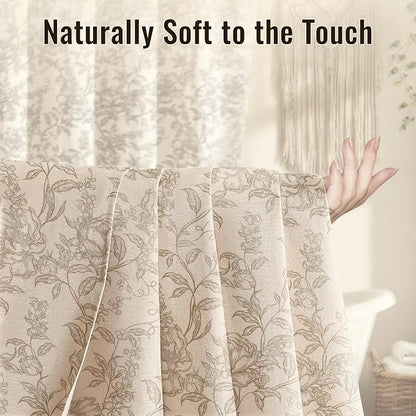 Farmhouse Beige Floral Shower Curtain with 12 Clear Rings 72"W x 72"L | Boho Fabric Faux Linen Shower Curtain Set, Vintage Cottagecore Shower Curtain for Bathroom