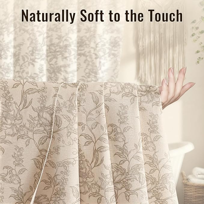 Farmhouse Beige Floral Shower Curtain with 12 Clear Rings 72"W x 84"L | Boho Fabric Faux Linen Shower Curtain Set, Vintage Cottagecore Shower Curtain for Bathroom