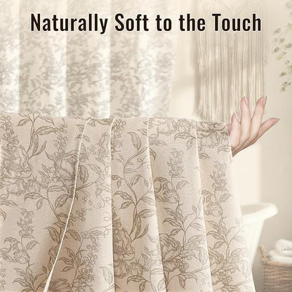 Farmhouse Beige Floral Shower Curtain with 12 Clear Rings 72"W x 84"L | Boho Fabric Faux Linen Shower Curtain Set, Vintage Cottagecore Shower Curtain for Bathroom