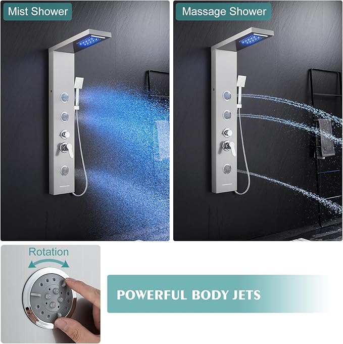 LED Shower Panel Tower System, 6-in-1 Shower Tower with Rainfall Waterfall Shower Head, 2 Modes Powerful Body Jets, Handheld Shower and Tub Spout, Stainless Steel Shower Column, Brushed Finish