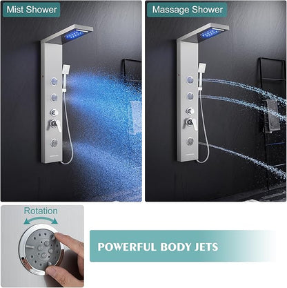 LED Shower Panel Tower System, 6-in-1 Shower Tower with Rainfall Waterfall Shower Head, 2 Modes Powerful Body Jets, Handheld Shower and Tub Spout, Stainless Steel Shower Column, Brushed Finish