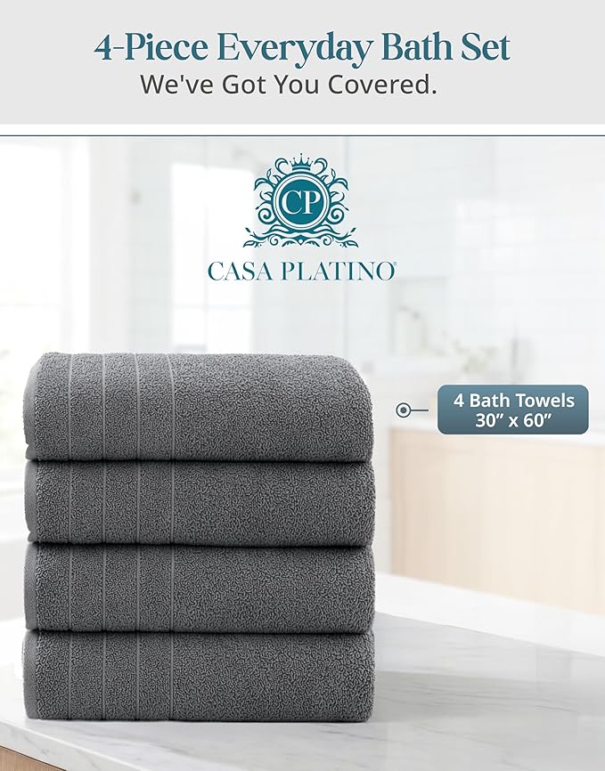 Casa Platino 100% Cotton Bath Towels Set of 4 (30"x60") - Ring Spun Mercerized Cotton Bathroom Towel Sets - Quick Dry, Soft & Absorbent Grey Towels Set - Pre Shrunk, Fade Resistant - Ultimate Grey