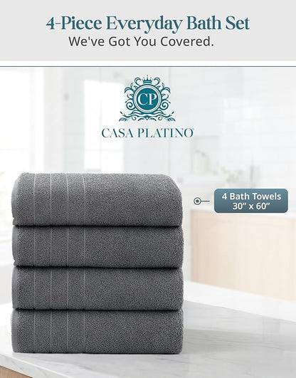 Casa Platino 100% Cotton Bath Towels Set of 4 (30"x60") - Ring Spun Mercerized Cotton Bathroom Towel Sets - Quick Dry, Soft & Absorbent Grey Towels Set - Pre Shrunk, Fade Resistant - Ultimate Grey