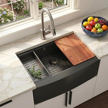 COMLLEN Black Farmhouse Sink 33 Inch,33x22 Apron Front Black Farm Sinks 16 Gauge Stainless Steel,Undermount Workstation Deep Single Bowl Luxury Rustic Farmhouse Kitchen Sinks with All Accessories