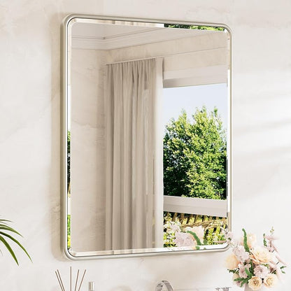 Brushed Nickel Mirrors for Wall 30 x 36 Beveled Edge Tempered Glass, Rounded Corner Rectangle Framed Mirror for Modern Bathroom, Living Room, Bedroom, Entryway