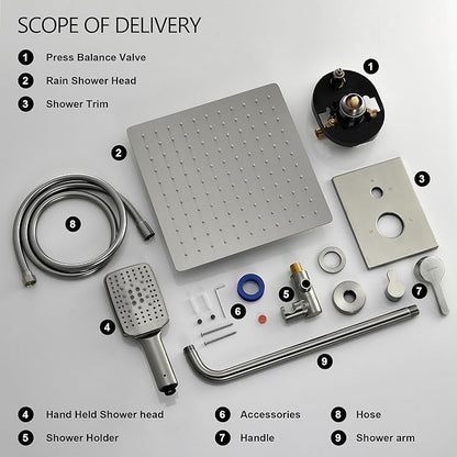 Shower Faucet Set - 12 inches Rain Shower System with 6 Function Handheld Shower Head Rough in Pressure Balance Valve Kit - Stainless Steel Bathroom Shower Kit Complete Brushed Nickel