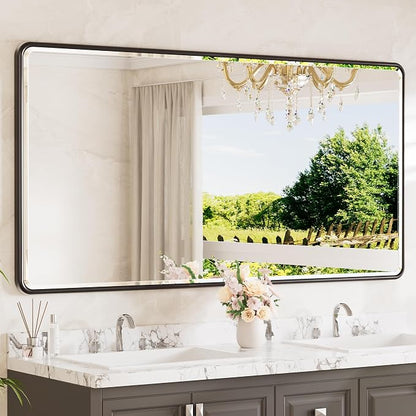 Black Framed Bathroom Mirror 72 x 36 Large Beveled Edge Tempered Glass, Rounded Corner Rectangle Bathroom Mirror for Modern Bathroom, Living Room, Bedroom, Entryway