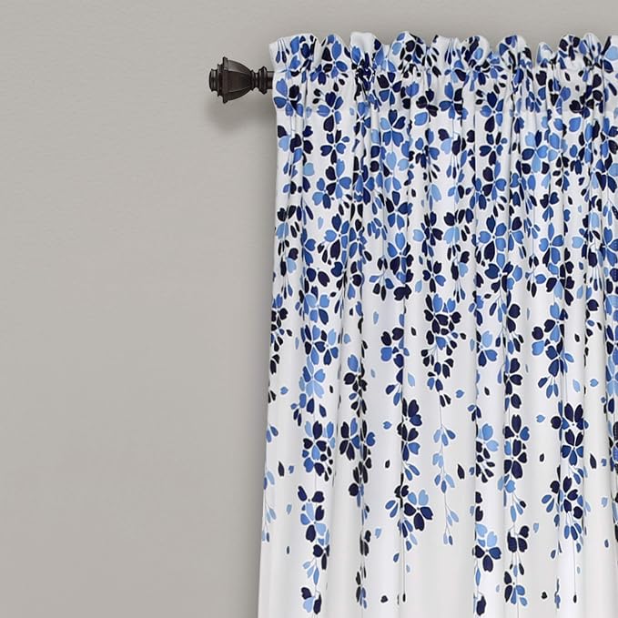 Lush Decor Weeping Flower Light Filtering Window Curtain Panels, Pair, 52"W x 84"L + 2" Header, Navy & Blue - Charming Modern Floral Curtains for Living Room, Dining Room, & Bedroom