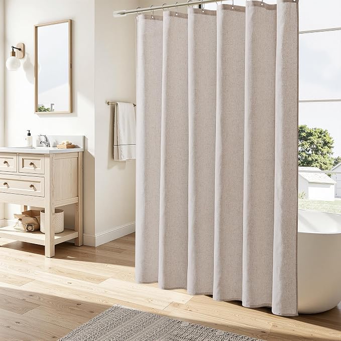Extra Long Linen Shower Curtain 84 Inch Long for Bathroom Shower Curtains Set with Hooks Boho Farmhouse Fabric Neutral Cloth Modern Cottage Core Waterproof,Birch Beige