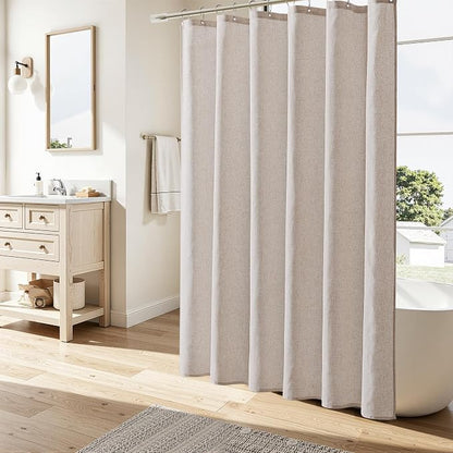 Linen Shower Curtain 80 Inch Long for Bathroom Boho Farmhouse Fabric Shower Curtains Set with Hooks Neutral Cloth Modern Cottage Core Waterproof,Birch Beige