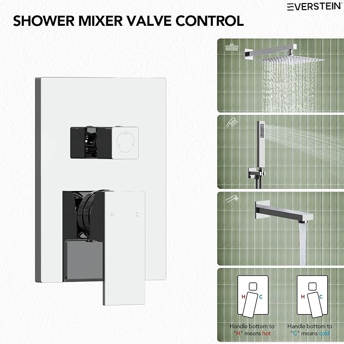 Shower Tub Faucet Set, 10" Bathroom Rainfall Shower Head Fixtures Combo with Handheld Spray and Tub Spout, Chrome (Valve Included)