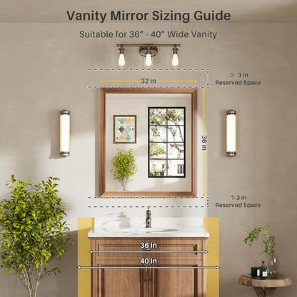 36x32 Inch Bathroom Mirror for Wall, Anti-Rust Walnut Wood Grain Metal Framed Bathroom Mirrors for Over Sink,Rectangler Mirrors for Bathroom Vanity, Farmhouse, Bedroom, Living Room, Entryway Decor