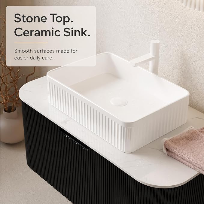 36 Inch Bathroom Vanity with Sink, Floating Wall Mounted Single Sink Vanity, Black Curved Fluted Front, Stone Top, White Textured Rectangular Vessel Basin, Pre-Assembled