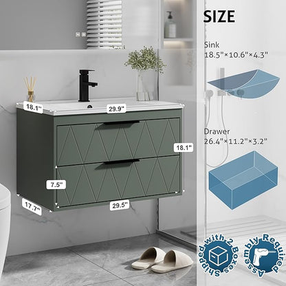 eclife 30" Bathroom Vanities Cabinet with Sink Combo, Wall Mounted Floating Cabinet W/Decor Line, Soft-Close System, 2 Extra Big Drawers, Matte Black Faucet, Gray Green