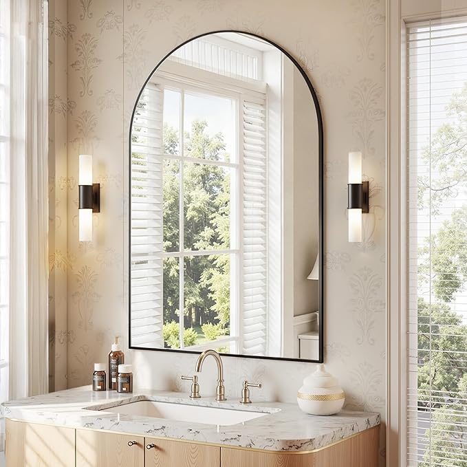Antok Arched Bathroom Mirror, 24"x36" Wall Mounted Mirror, Vanity Mirrors for Over Sink, Aluminum Alloy Frame Bathroom Mirrors Living Room, Bedroom and Entryway, Black