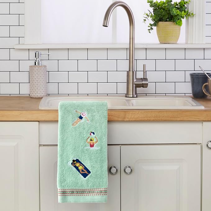SKL Home Pool Party Hand Towel Set-2pc, Embroidered, Misty Jade | 100% Cotton. Decorative velour for summer fun & everyday décor. Can be used in the bathroom, kitchen, bar, or any sink space.