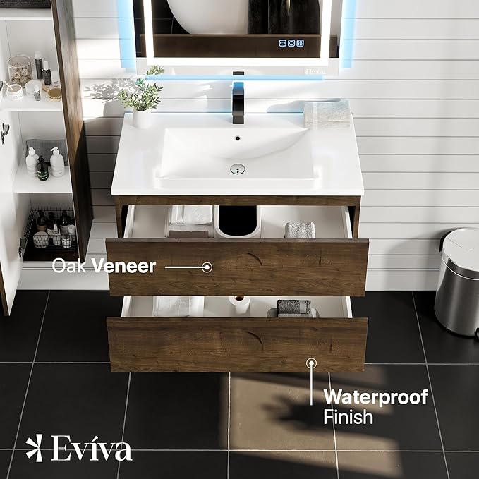 Joy 36 in. Rosewood Wall MountSingle Sink Bath Vanity with Porcelain Top and Integrated Sink